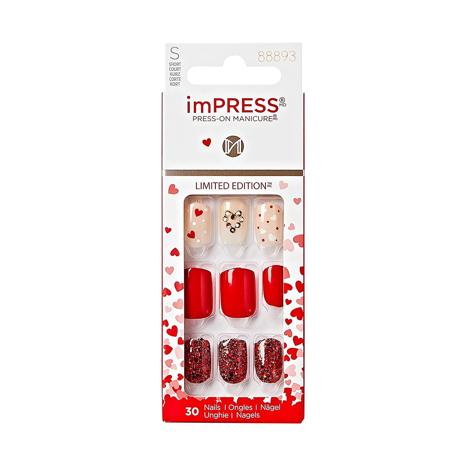 KISS imPRESS Press-On Manicure Limited Edition Valentine Nails, ‘Crazy Over You’, 30 Count | Amazon (US)