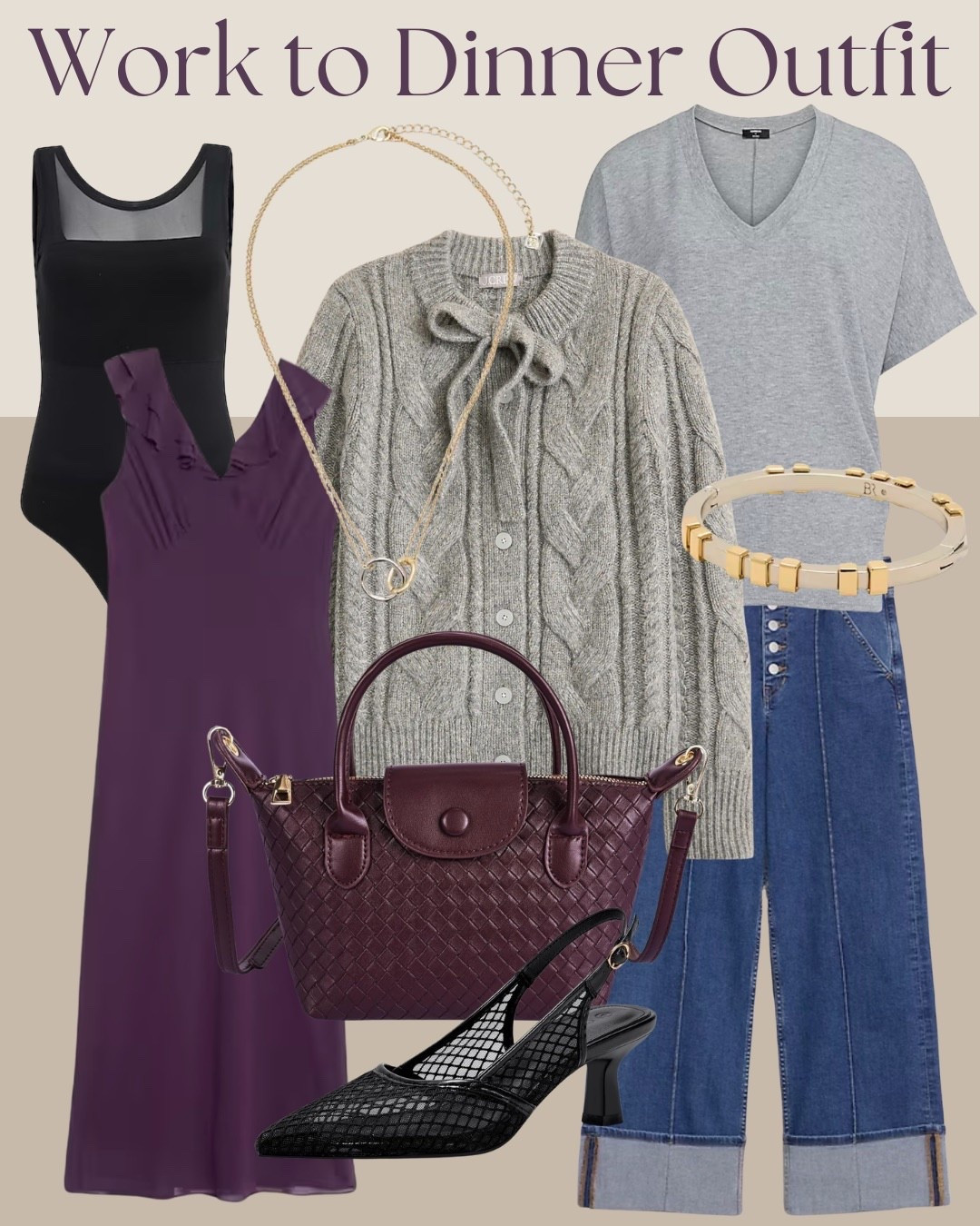 Work to dinner outfit with purple midi dress, cable knit cardigan and cuffed wide leg jeans.
This layered look gives you coverage for the office and polish for dinner, with the woven burgundy bag and black mesh heels pulling it all together.

#LTKWorkwear
#LTKDress
#LTKDenim
#LTKSeasonal
#LTKStyle
#LTKShoes


#LTKootd