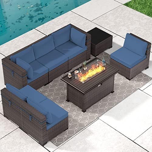 Gotland 8 Piece Outdoor Patio Furniture Set with Gas Fire Pit Table Patio Furniture Sectional Sof... | Amazon (US)