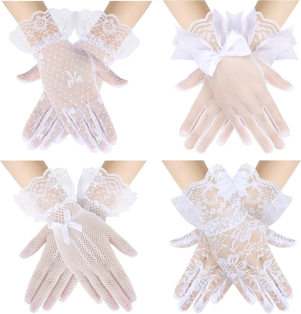 4 Pairs Tea Party Gloves for Little Girls Kids Lace Short White Satin Princess Dressing Gloves wi... | Amazon (US)