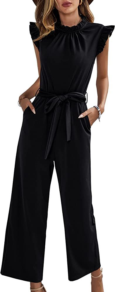 ECOWISH Women V Neck Short Sleeves Tie Waist Jumpsuits Long Wide Pants Casual Jumpsuit with Pockets | Amazon (US)