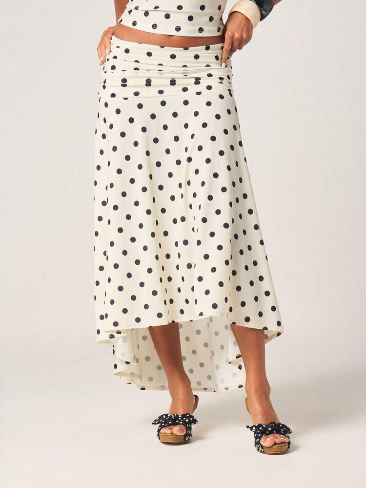 MISSGUIDED Women's Polka Dot Midaxi Asymmetric Skirt Cream Black High Low Hem Ruched Waist Flowing Chiffon Summer Party Feminine Vintage Inspired Fashion | SHEIN