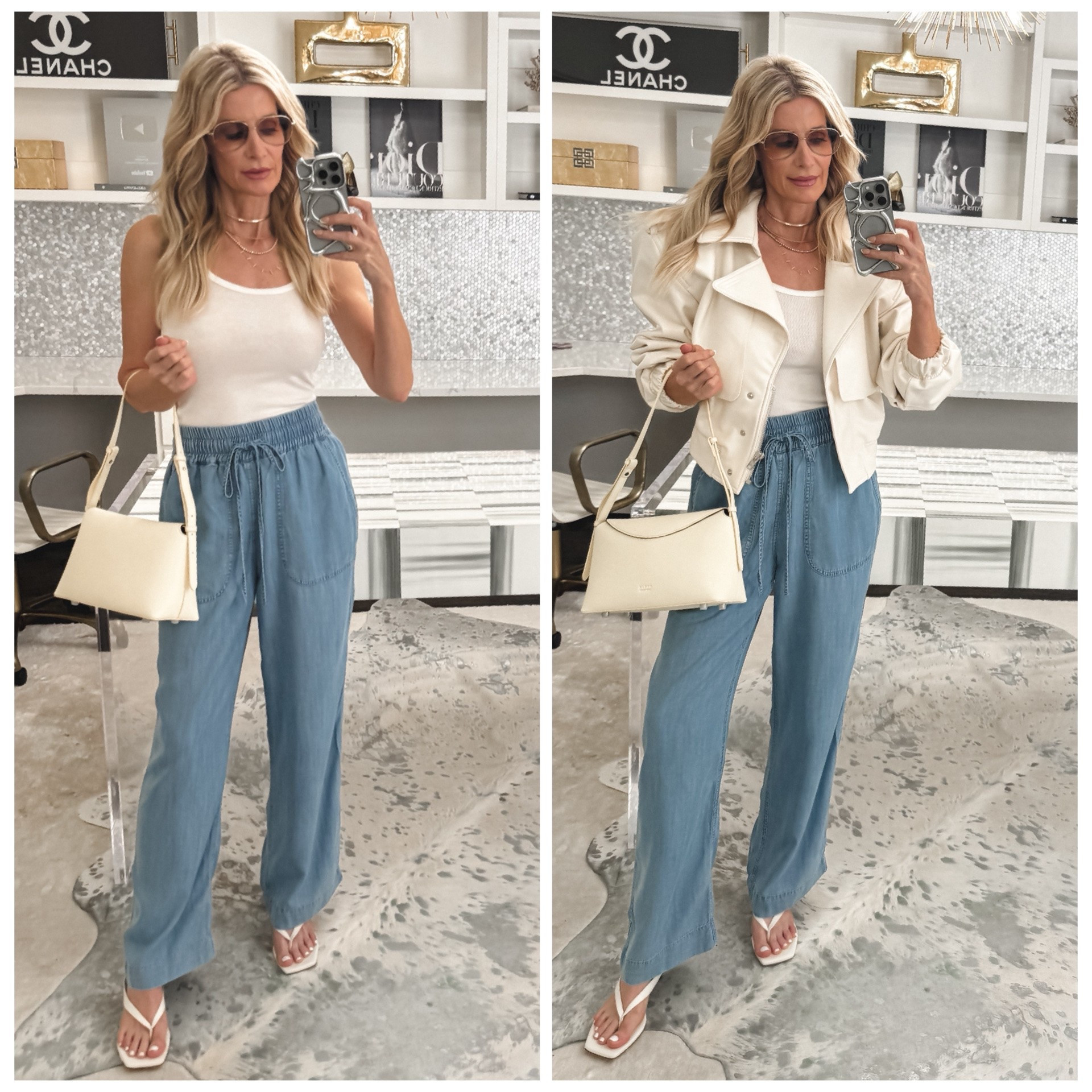 These Quince chambray wide-leg pants are so comfortable and perfect for summer! I styled them two ways—casual with a simple white tank and kitten heels, then a little dressier with an ivory jacket for an elevated designer-inspired look. They’re lightweight, breathable, flattering, and so easy to wear. I’m wearing an XS in the pants. #QuinceStyle #ChambrayPants #WideLegPants #LTKOver40
 

 #LTKootd #LTKSeasonal #LTKOver40