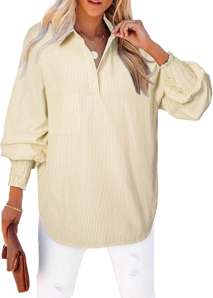 Astylish Women 2026 Fine Striped Smocked Cuffed Henley Shirts Puff Long Sleeve Collared Blouse To... | Amazon (US)