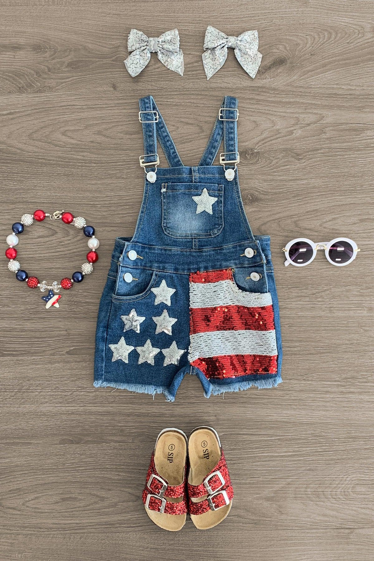 Stars & Stripes Sequin Denim Overalls | Sparkle In Pink
