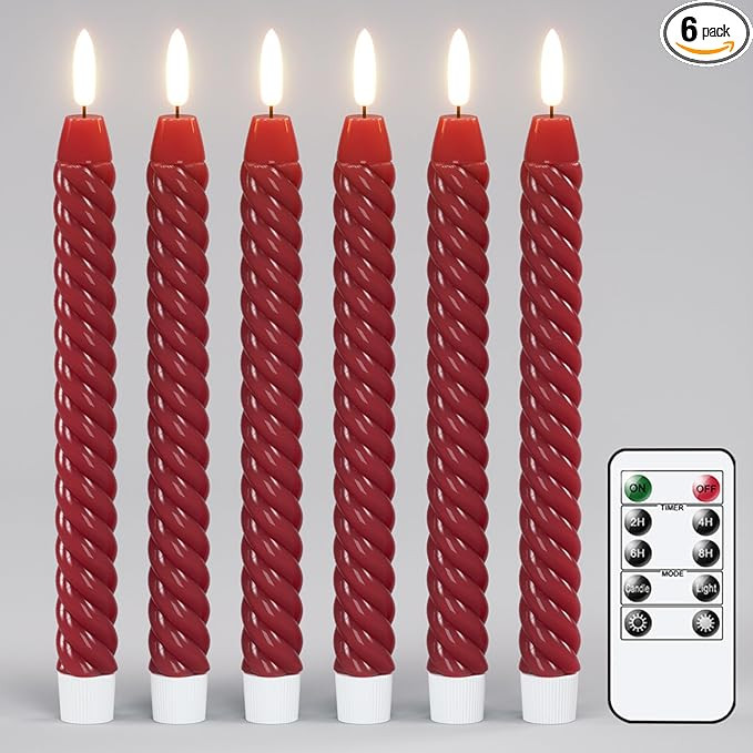 Red Flameless Taper Candles Flickering with Remote Timer, 3D Wick LED Spiral Candlesticks Battery... | Amazon (US)