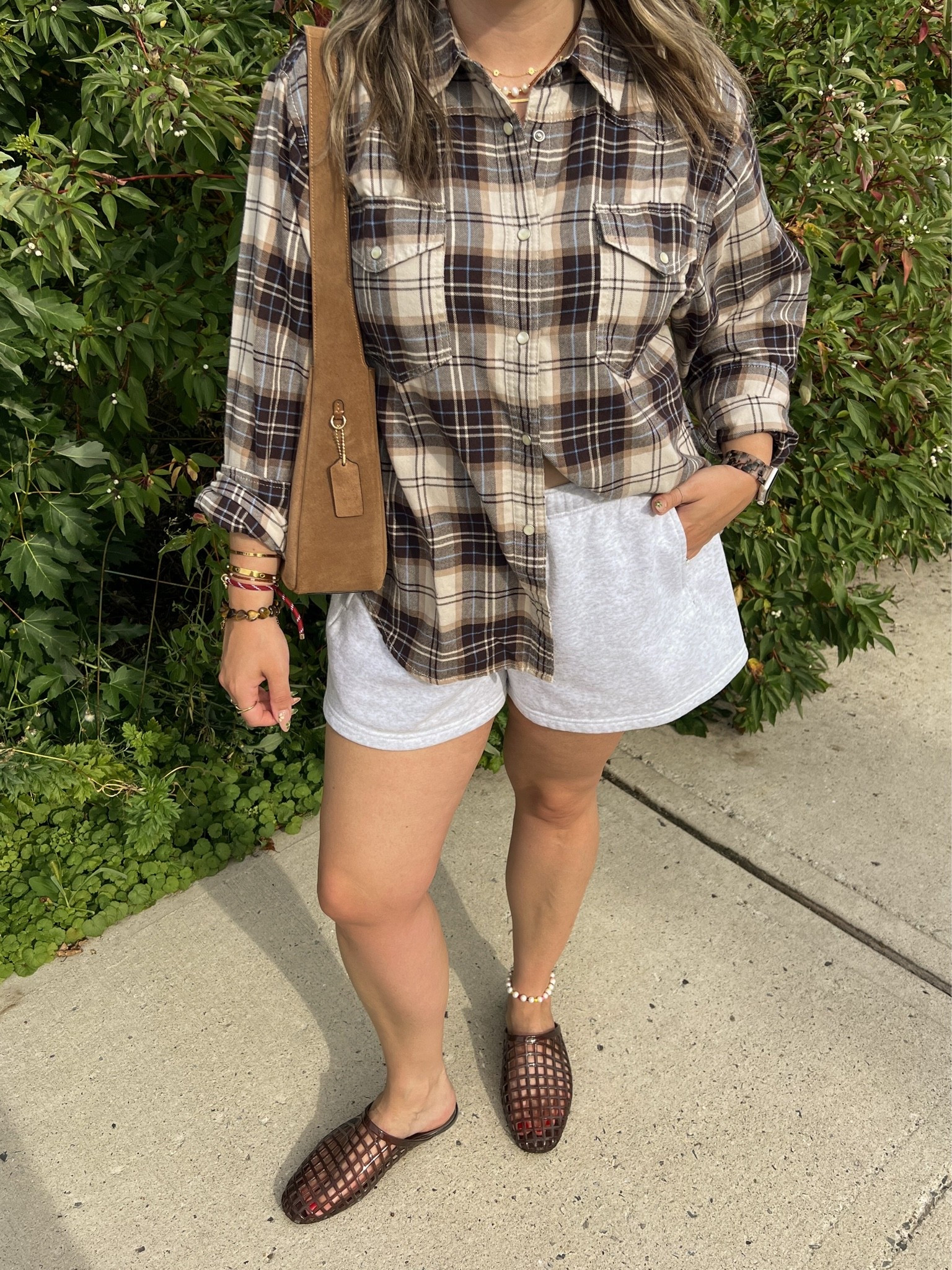 Early fall outift! Flannel is a more fitted style so I sized up to XL for this oversized look. Wearing L in the shorts. I’m a 9.5-10 shoe and wear a 10 in the jelly shoes (exact Canadian shoes link under “similar products”)

#LTKfall #LTKmidsize #LTKstyletip