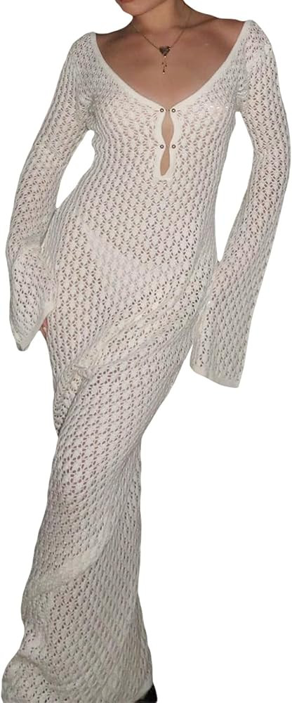 Linjianvhai Women Long Knit Dress Solid Color Hollow-Out Deep V-Neck Long Sleeve Bodycon Dress Fa... | Amazon (US)