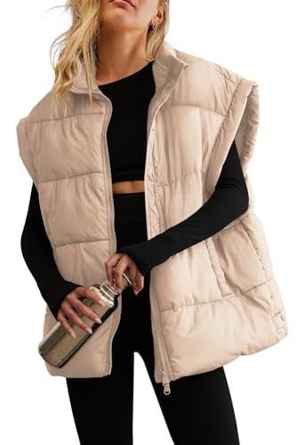 ReachMe Womens Oversized Puffer Vests Stand Collar Puffy Vest Tops Cap Sleeve Quilted Jacket Winter Coats with Pockets (Khaki,XL) | Amazon (US)