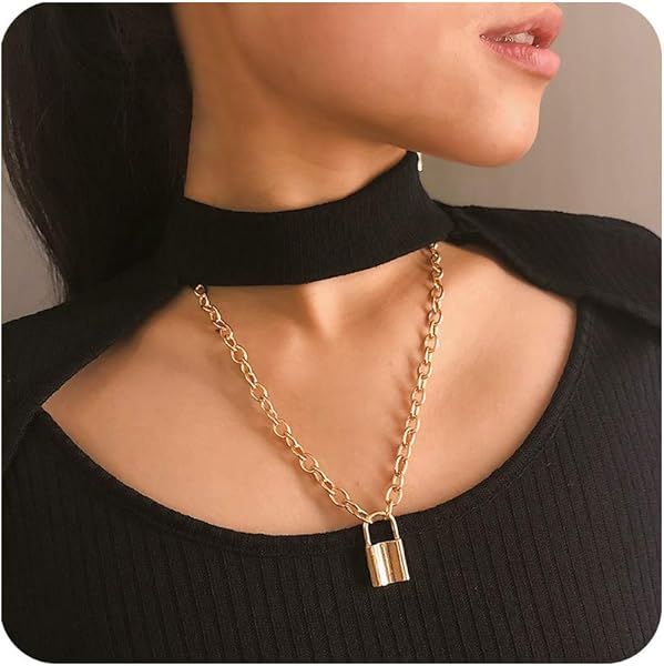 Lock Pendant Necklace Statement Long Chain Punk Multilayer Choker Necklace for Women Girls | Amazon (US)