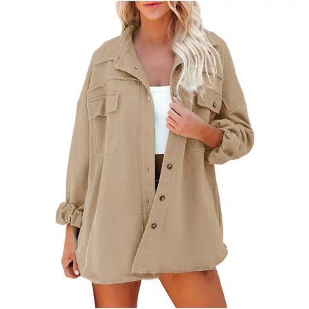 Beige Shacket Jacket Women Ladies Solid Turn Down Collar Jacket Pocket Long Sleeve Coat outerwear L | Walmart (US)