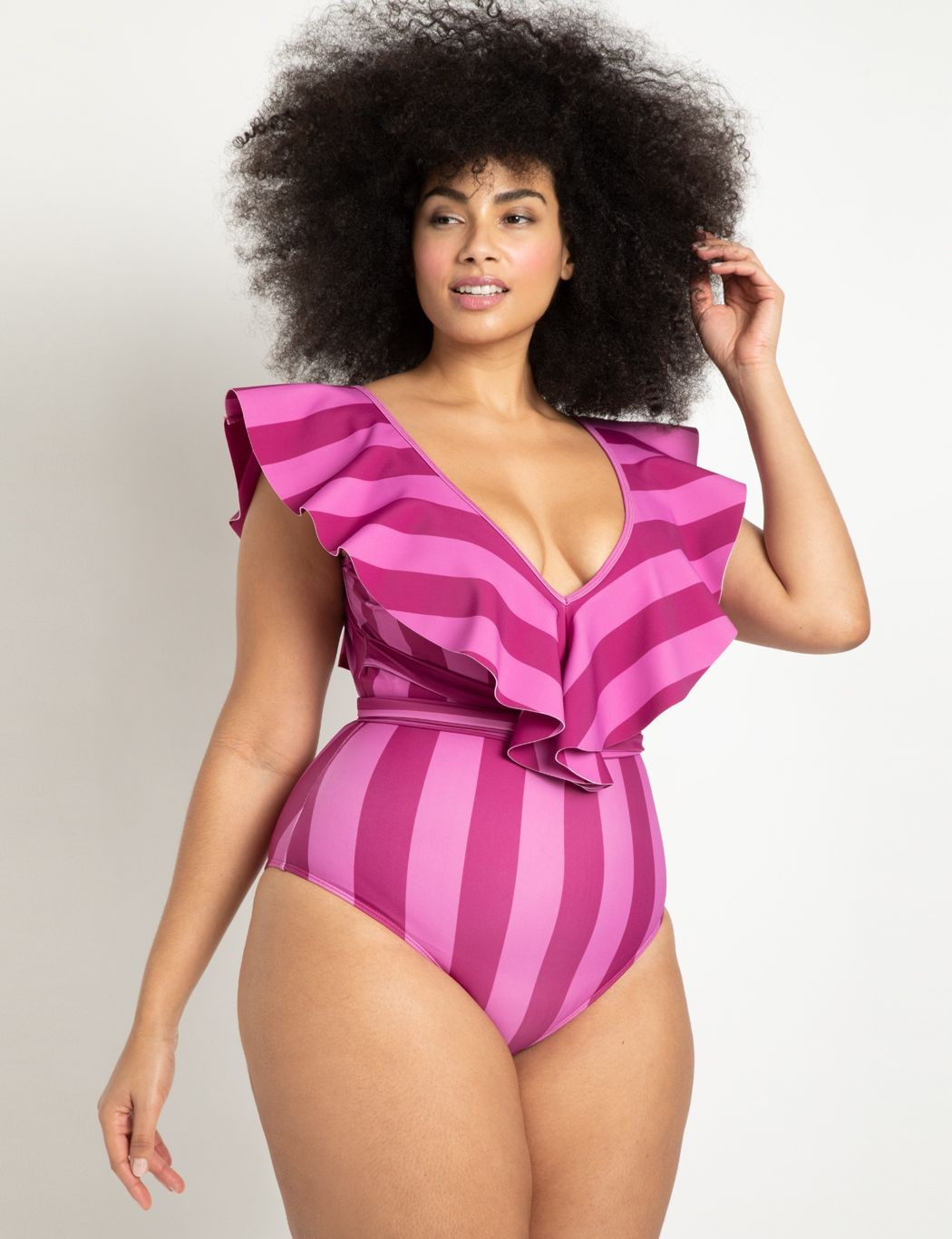 Ruffle Shoulder Swimsuit with Belt | Eloquii