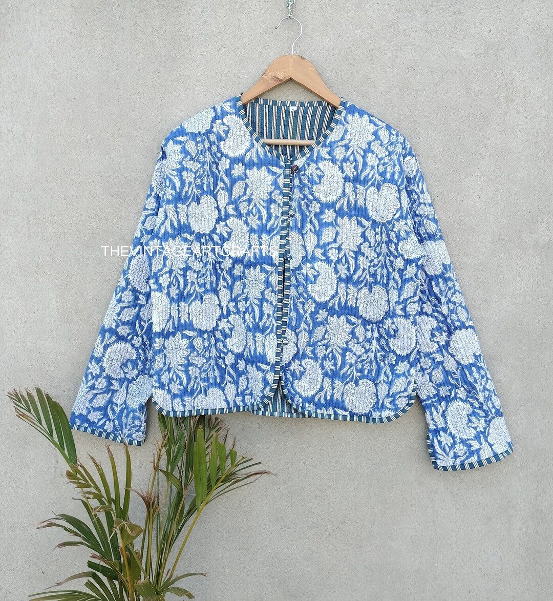 Indian HandBlock Print Fabric Quilted Jacket Short kimono Women Wear New Style Sky Blue Flower Co... | Etsy (US)