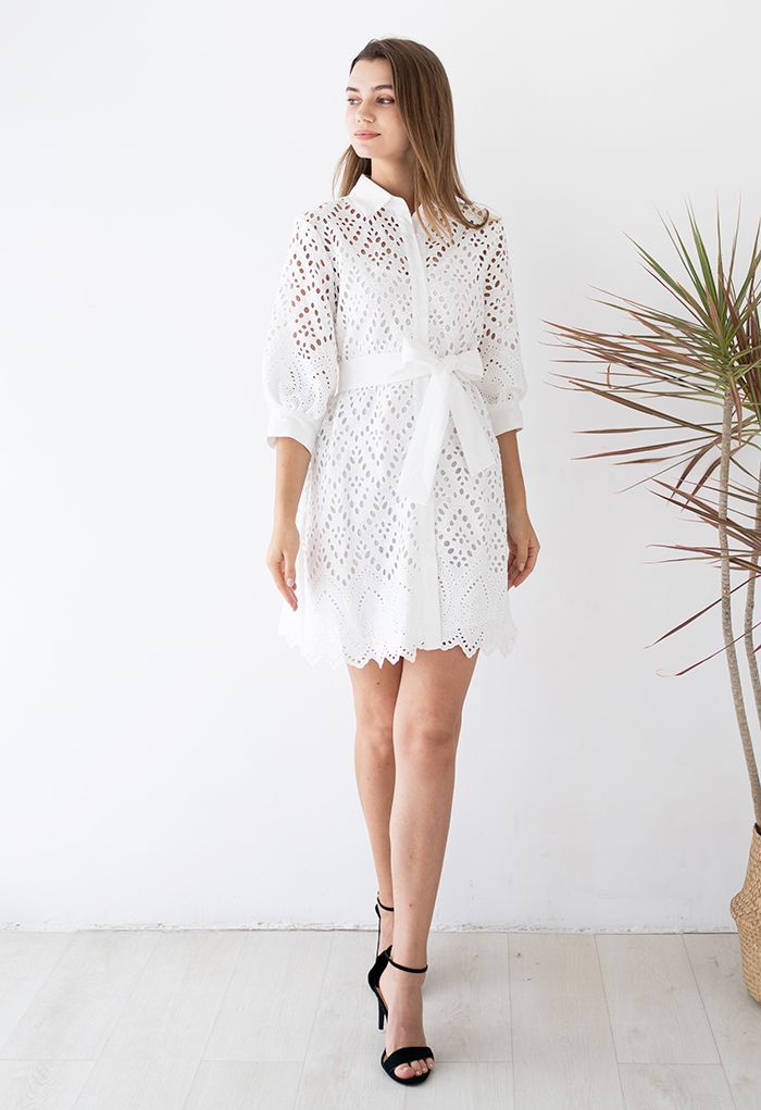 Diamond Eyelet Crochet Button Down Dress in White | Chicwish