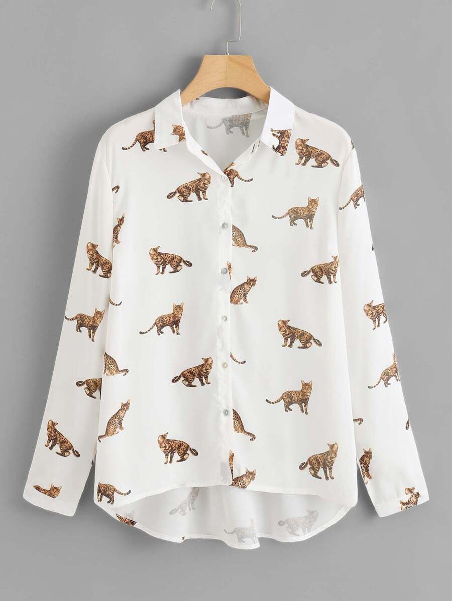 Random Cat Print Dip Hem Shirt | SHEIN