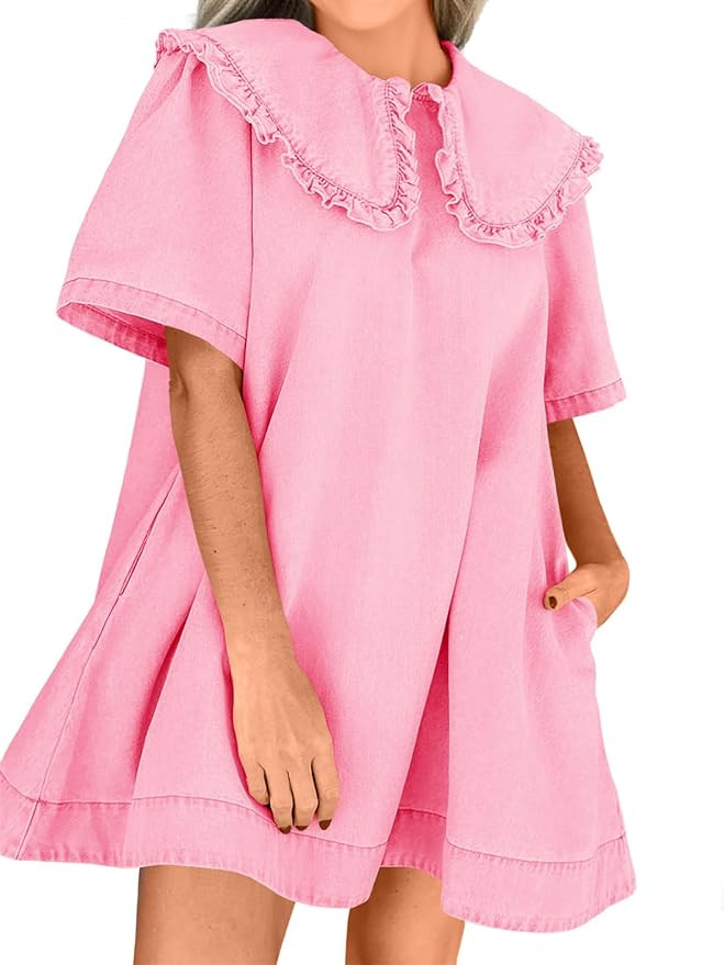 Wenrine Womens Summer Denim Mini Dress Oversized Peter Pan Collar Short Sleeve Casual Flowy Babyd... | Amazon (US)