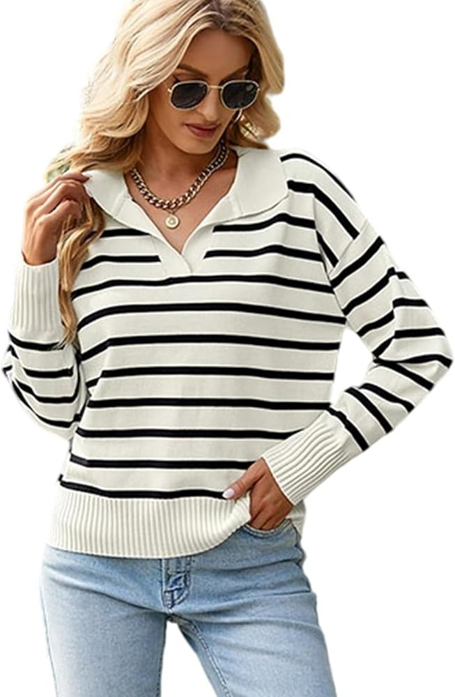 Women Striped Sweater Polo V Neck Long Sleeve Loose Sweater Knit Pullover Jumper Tops | Amazon (US)