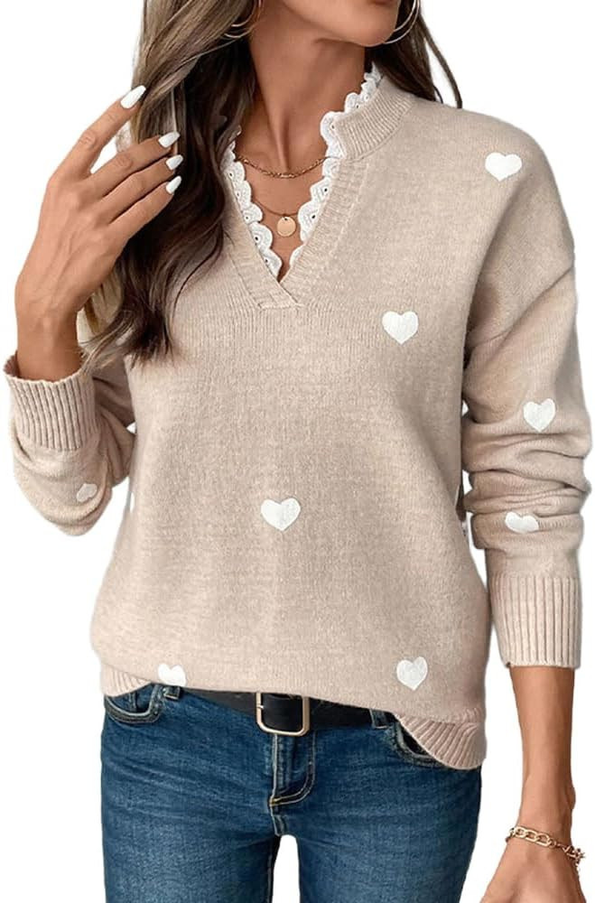 Women Valentines Day Sweaters Knitted Top Notched V Neck Funny Holiday Graphic Pullover Heart Swe... | Amazon (US)
