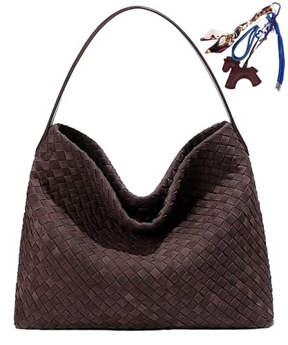 Suede Hobo Bags for Women Fall Woven Purse Slouchy Shoulder Crossbody Bag with Silk Scarf (Chocolate) | Amazon (US)
