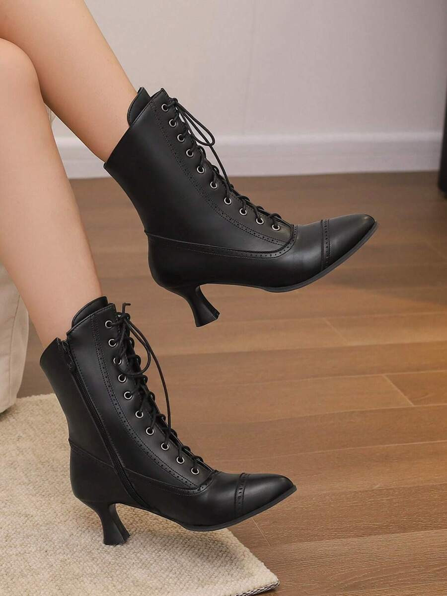 Vintage Block-heeled Black Shoes With Cat Shaped Design And Lace-up Closure For Women's Autumn An... | SHEIN