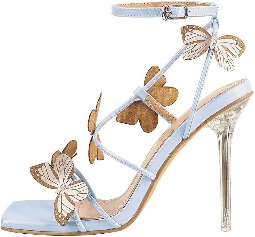 Womens Butterfly Heeled Sandals Strappy Clear High Heels | Amazon (US)