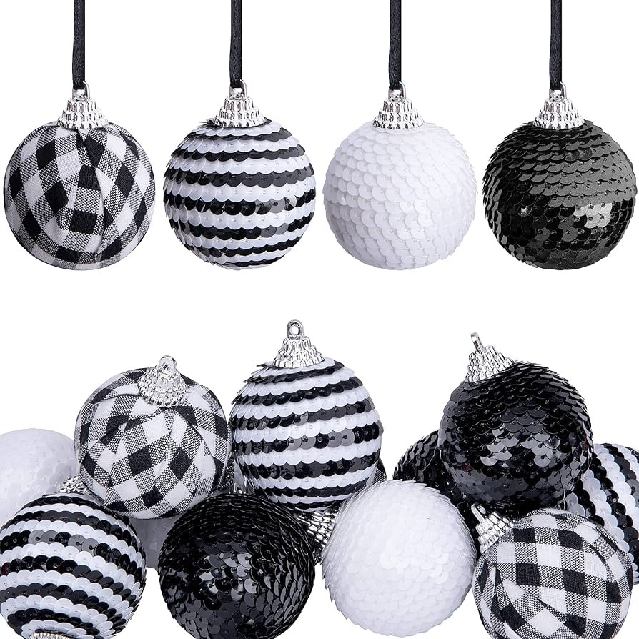12pcs Black and White Sequin Balls ,1.96" Christmas Buffalo Plaid Hanging Balls,Shatterproof Xmas... | Amazon (US)