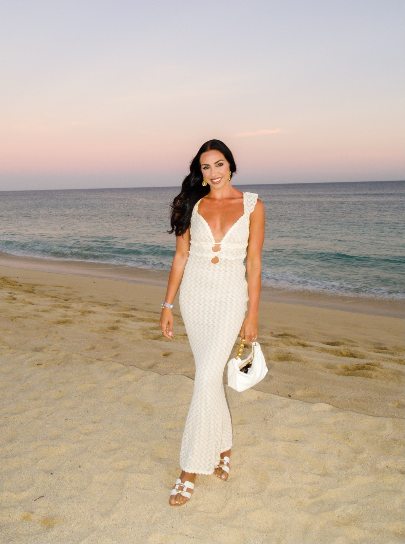 Cream ruffle maxi. Perfect for vacation. Wore on my honeymoon! wearing size xs. Bag is from amazon. #bridalstyle #meshki #vacationdress #bridaldress #honeymoomstyle 

#LTKstyletip #LTKtravel #LTKSeasonal