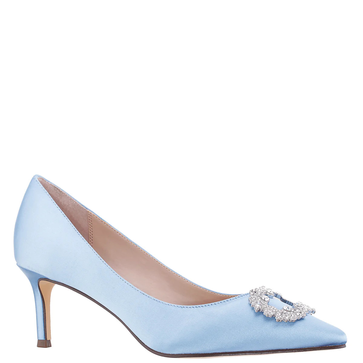 Womens Neya Blue Satin Mid-Heel Pumps with Jeweled Buckle | Nina Shoes | Nina Shoes