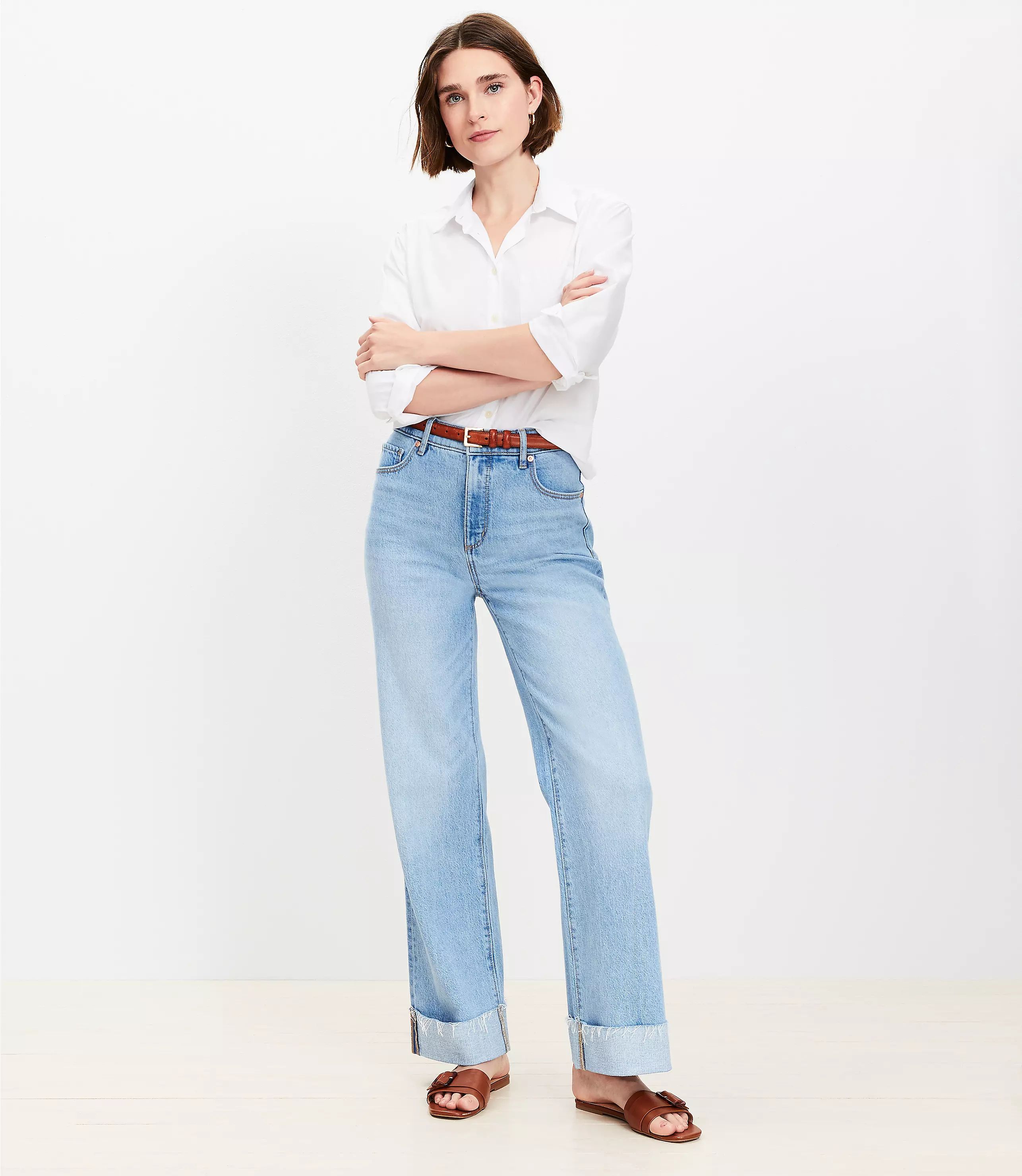 Flip Cuff High Rise Wide Leg Jeans in Light Wash | LOFT