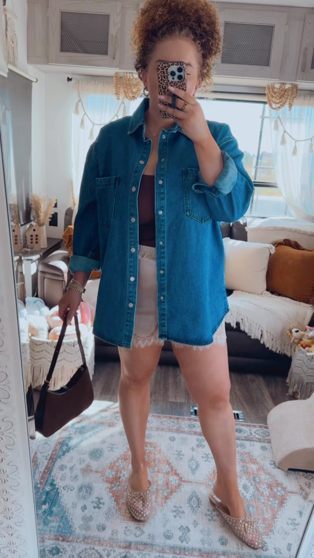 Loving this mix of comfy and polished 🤍 Oversized denim + lace shorts + mules with a little sparkle = instant spring outfit win🙌🏻 spring outfit | casual chic outfit | amazon fashion | amazon outfit | oversized denim shirt | denim button down outfit | brown tank outfit | basic tank outfit | beige lace shorts | lace shorts outfit | neutral outfit | mules with rhinestones | statement shoes outfit | small brown suede purse | amazon purse | weekend outfit | running errands outfit | everyday outfit | effortless style | comfy chic | mom outfit | travel outfit | neutral tones outfit | polished casual outfit | capsule wardrobe outfit | easy outfit idea | affordable fashion | amazon finds

#LTKdayinmylife #LTKootd #LTKgrwm