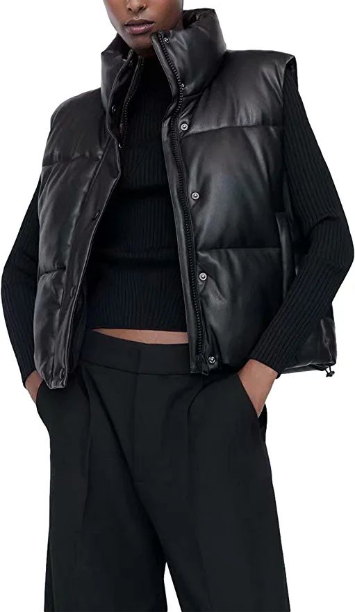 Amazon.com: UANEO Womens PU Leather Cropped Puffer Vest Winter Faux Leather Zip Up Sleeveless Jac... | Amazon (US)