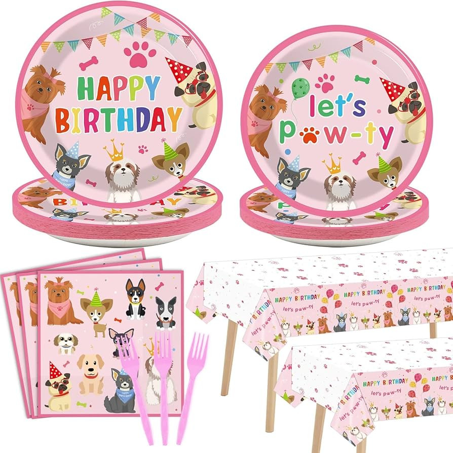 98pcs Dog Birthday Party Decorations Puppy Tableware Set Plates Napkins Pink Dog Theme Tablecloth for Girl Birthday Lets Pawty Party Supplies Kit Pet Dogs Table Cover Dinnerware Paw Print Theme Favors | Amazon (US)