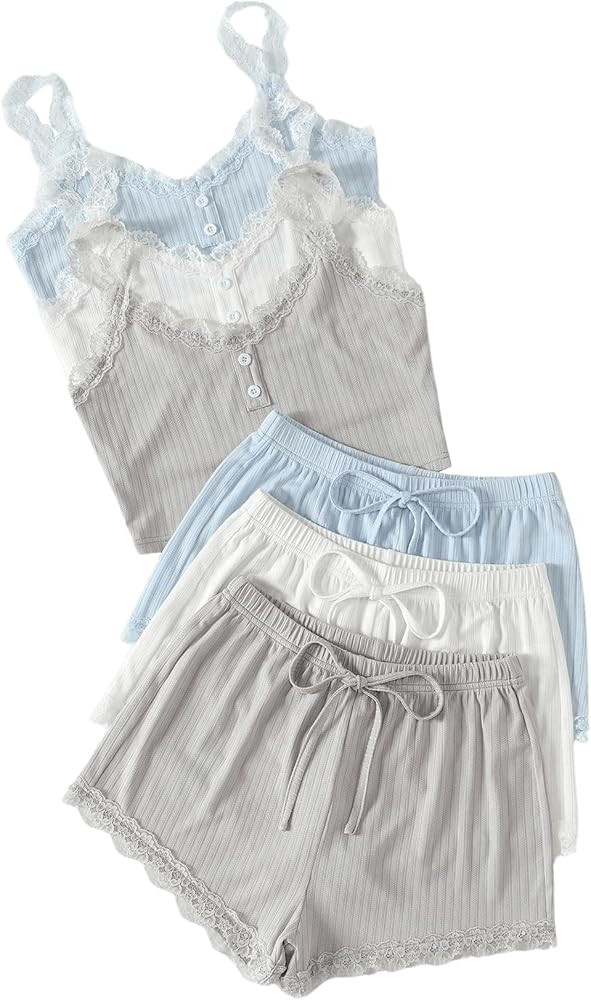 SOLY HUX Women's 3 Sets Pajama Set Lounge Sets Lace Button Camisole Crop Tank Tops and Shorts PJs... | Amazon (US)