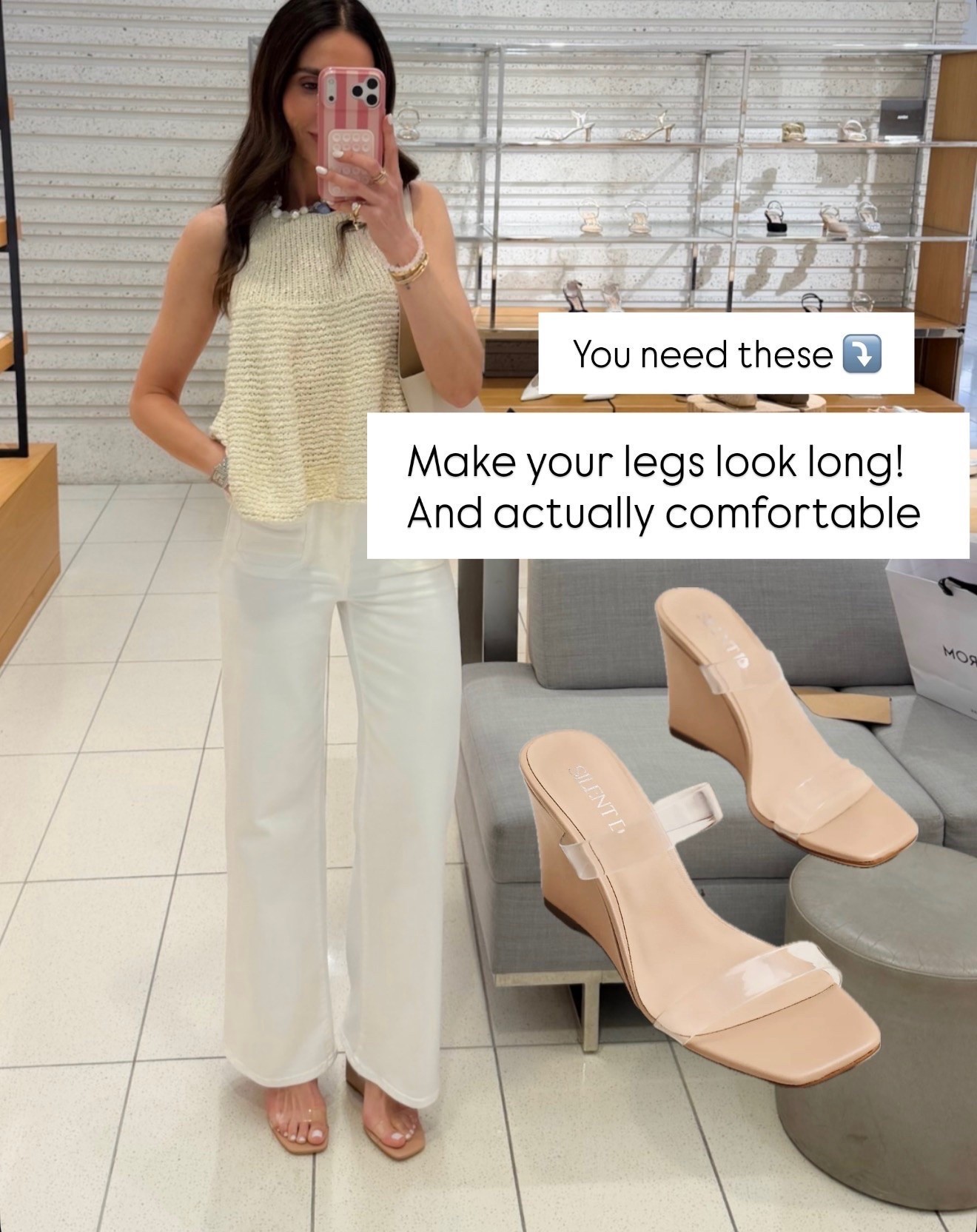 These are the shoes that instantly make every outfit look better. The clear straps create the illusion of longer legs, they pair with everything in your closet, and they’re surprisingly comfortable for all day wear. A must have for dresses, denim, and summer events.

Clear wedge sandals, Nude heels, Leg lengthening shoes, Summer shoes, Wedding guest shoes, Vacation style, Neutral sandals, Designer inspired fashion, Elevated basics, Summer outfit ideas, Comfortable heels, annabrstyle

#LTKootd #LTKSeasonal #LTKOver40