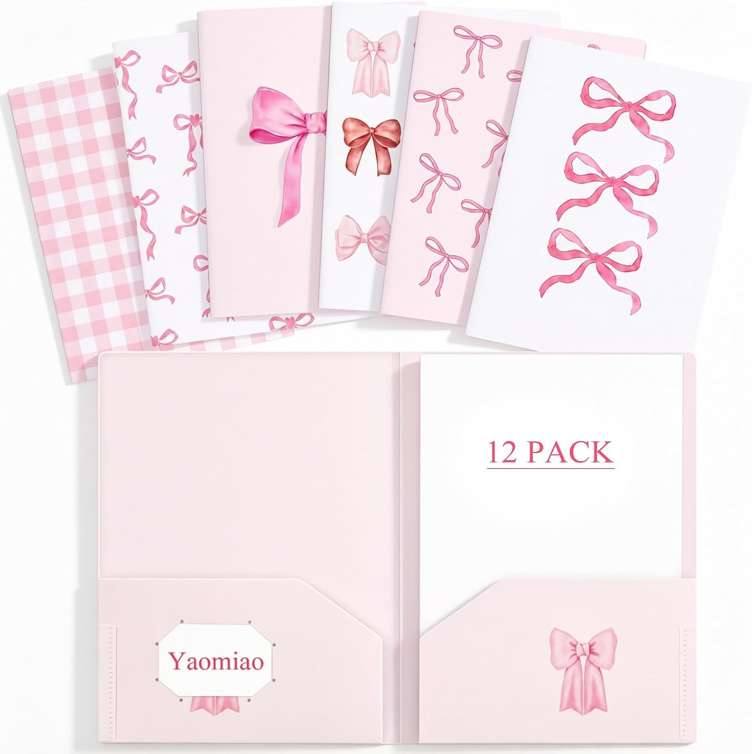 Yaomiao 12 Pack Cute Folders with Pockets for School, Pink Bow, Plastic | Amazon (US)