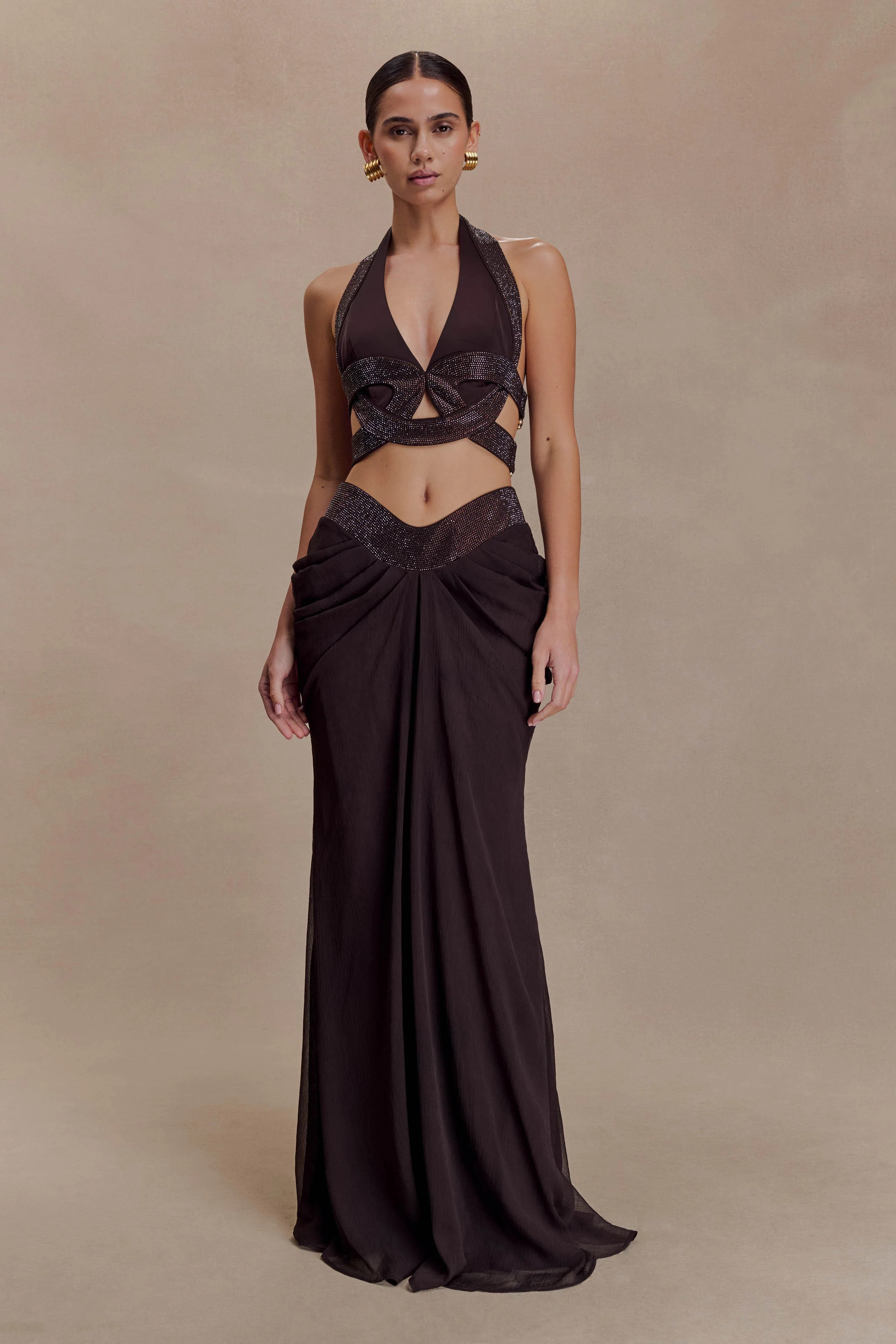 Siren Satin And Diamante Maxi Skirt - Dark Chocolate | MESHKI US