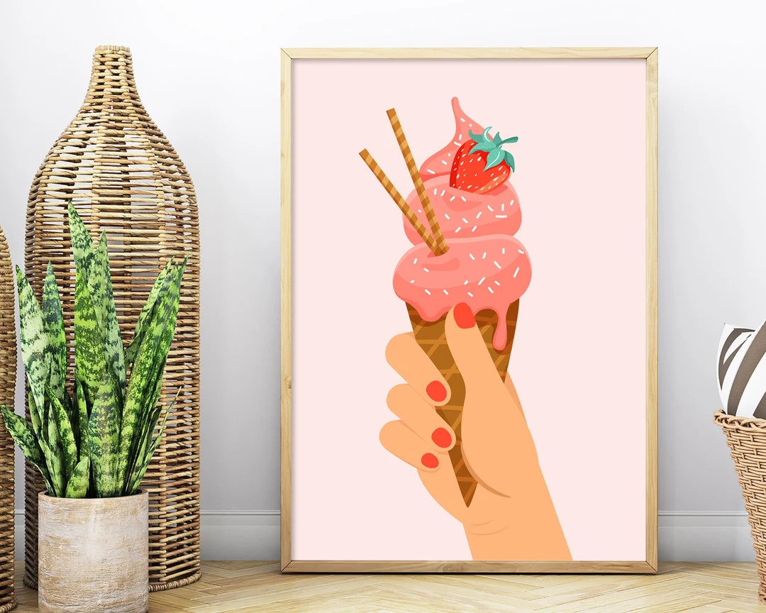 Ice Cream Hand Gesture Print, Ice Cream Cone Sprinkles Wall Art, Modern Kitchen Decor, Girls Pink... | Etsy (US)