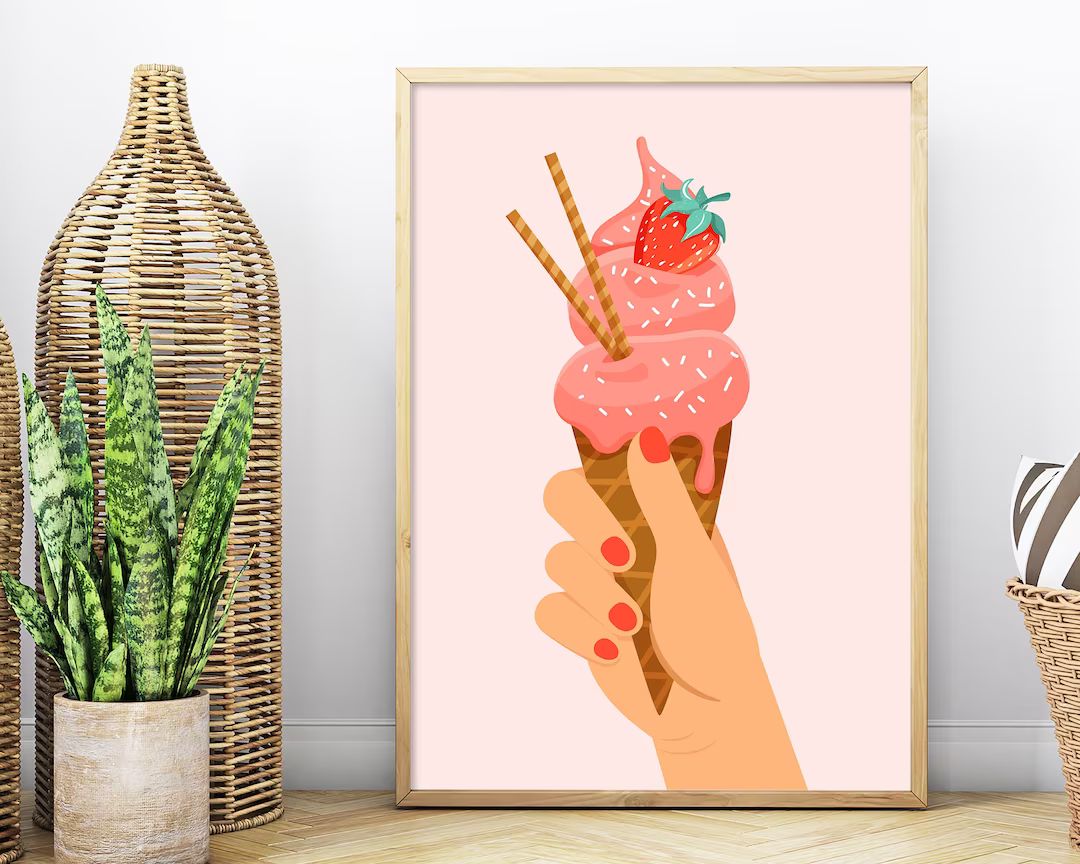 Ice Cream Hand Gesture Print, Ice Cream Cone Sprinkles Wall Art, Modern Kitchen Decor, Girls Pink... | Etsy (US)