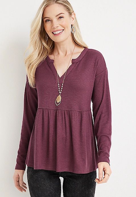 Babydoll Notch Neck Long Sleeve Tee | Maurices