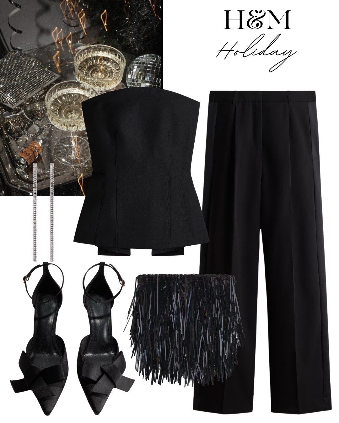 Elevated holiday party outfit 💫

Tags: new-in H&M holiday drop 1, black tailored trousers, bow heels, dangle earrings, clutch bag, strapless top, neutral aesthetic, cocktail party look, open back top, formal Thanksgiving outfit 

#LTKHoliday #LTKParties #LTKFindsUnder50