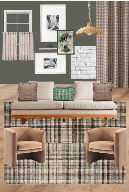 Living room design, green and tan, couch, sofa, target chairs, plaid rug, loloi 

#LTKfamily #LTKhome #LTKunder100