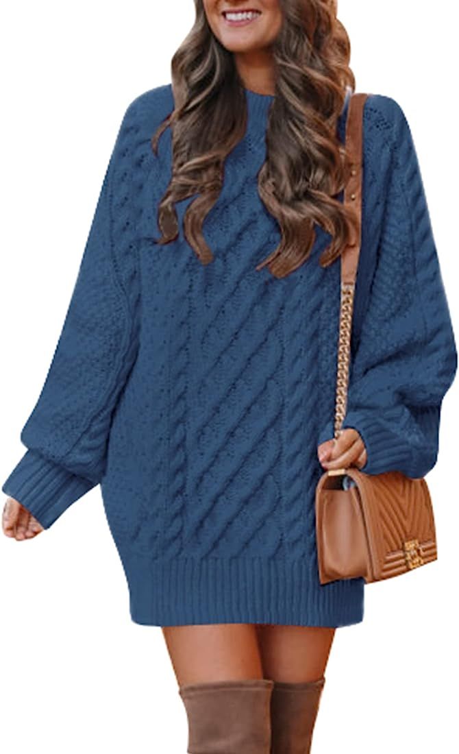 Lady Rabbit Women's Crewneck Long Sleeve Cable Knit Sweater Dress Slouchy Oversized Chunky Pullov... | Amazon (US)