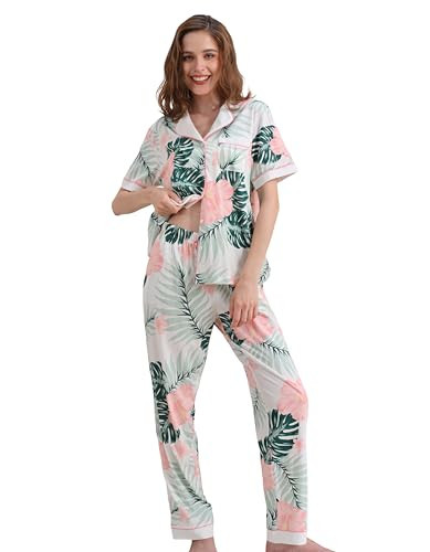 NAP BOUND Cotton Women's Pajamas Set Short Sleeve Top With Pants Pjs Lounge & Sleepwear Set(MJHY,2XL) | Amazon (US)