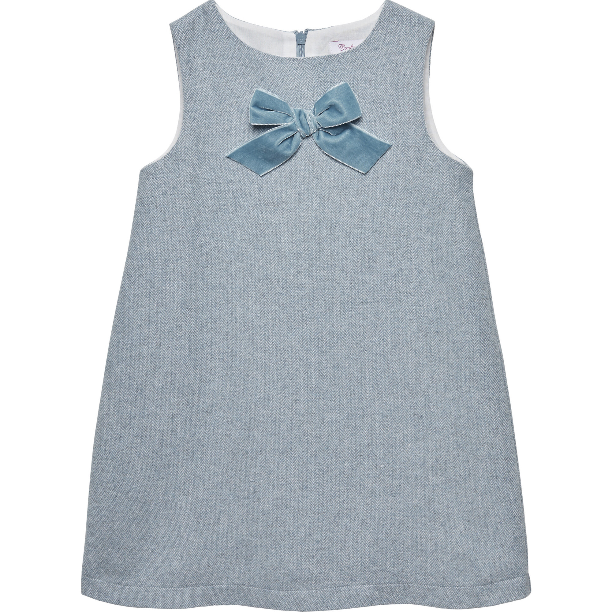 Georgina Bow Pinafore Dress, Blue Herringbone | Maisonette