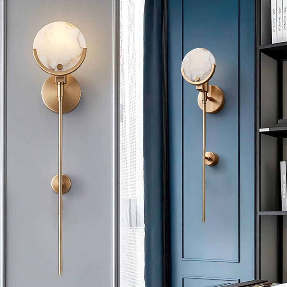 Alabaster Wall Sconces 23.6" Mid Century Modern Wall Light Brass Double Discs Natural Marble Scon... | Amazon (US)