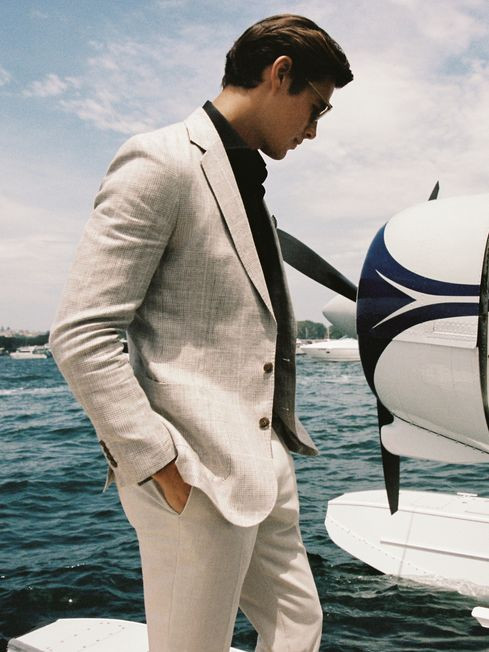 Slim Fit Linen Blend Check Single Breasted Blazer | Reiss UK