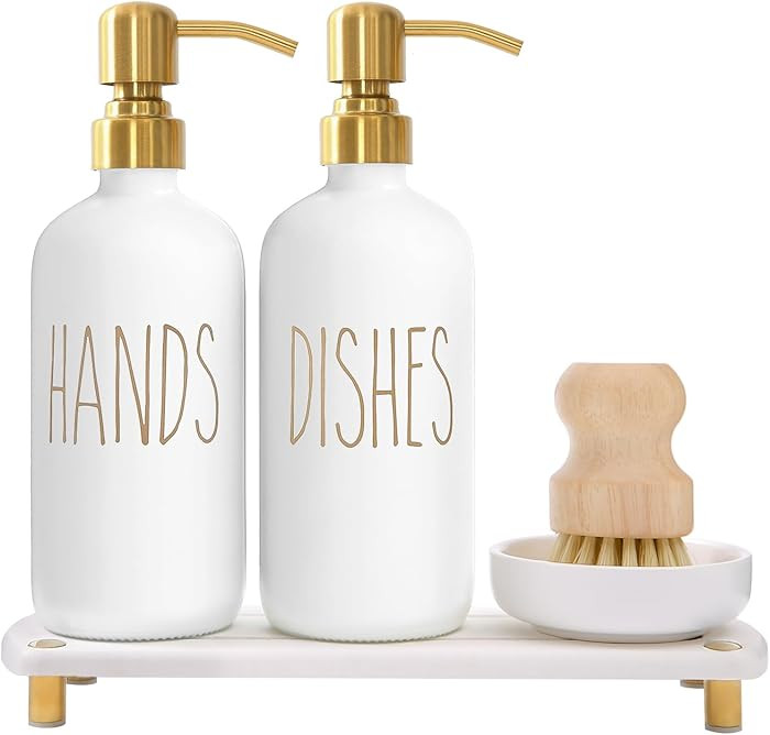 MOMEEMO Gold Soap Dispenser Set Comes with Stainless Steel Pumps, Instant Dry Tray, and Dish Scru... | Amazon (US)