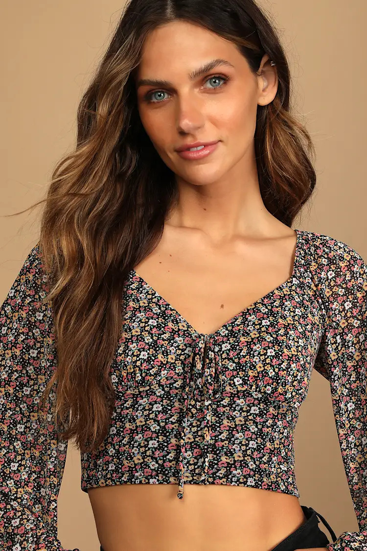 Blooming You Black Floral Print Long Sleeve Crop Top | Lulus (US)