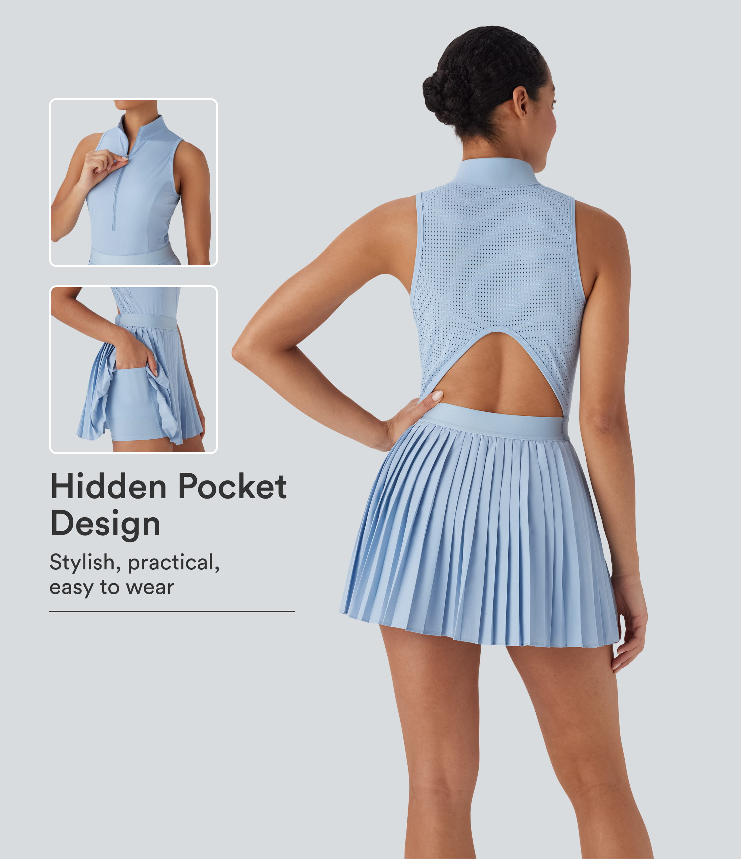 Breezeful™ Sleeveless Cut Out 2-in-1 Pleated Quick Dry Mini Tennis Active Dress with Pockets | HALARA