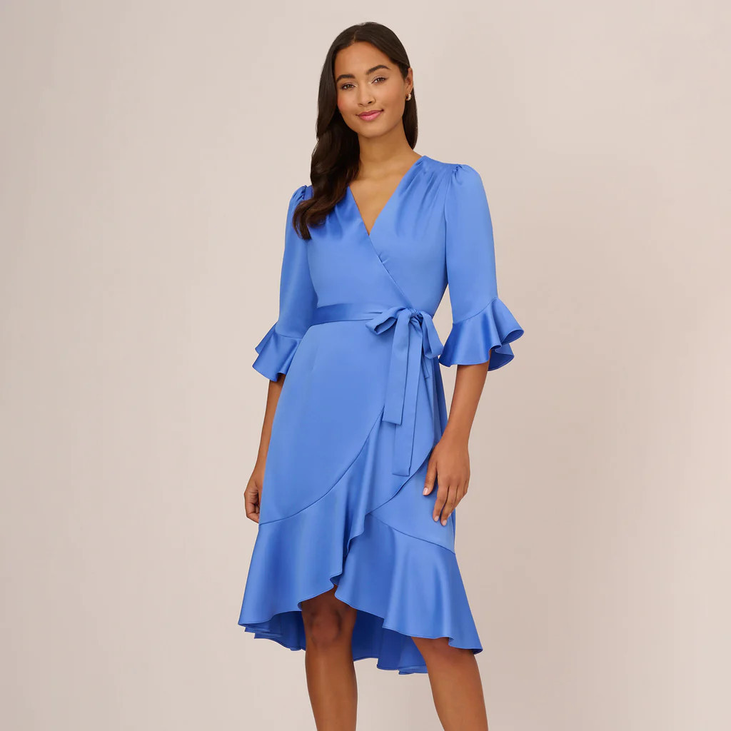 Satin Faux Wrap Dress With Ruffled Three-Quarter Sleeves In Precious Peri | Adrianna Papell